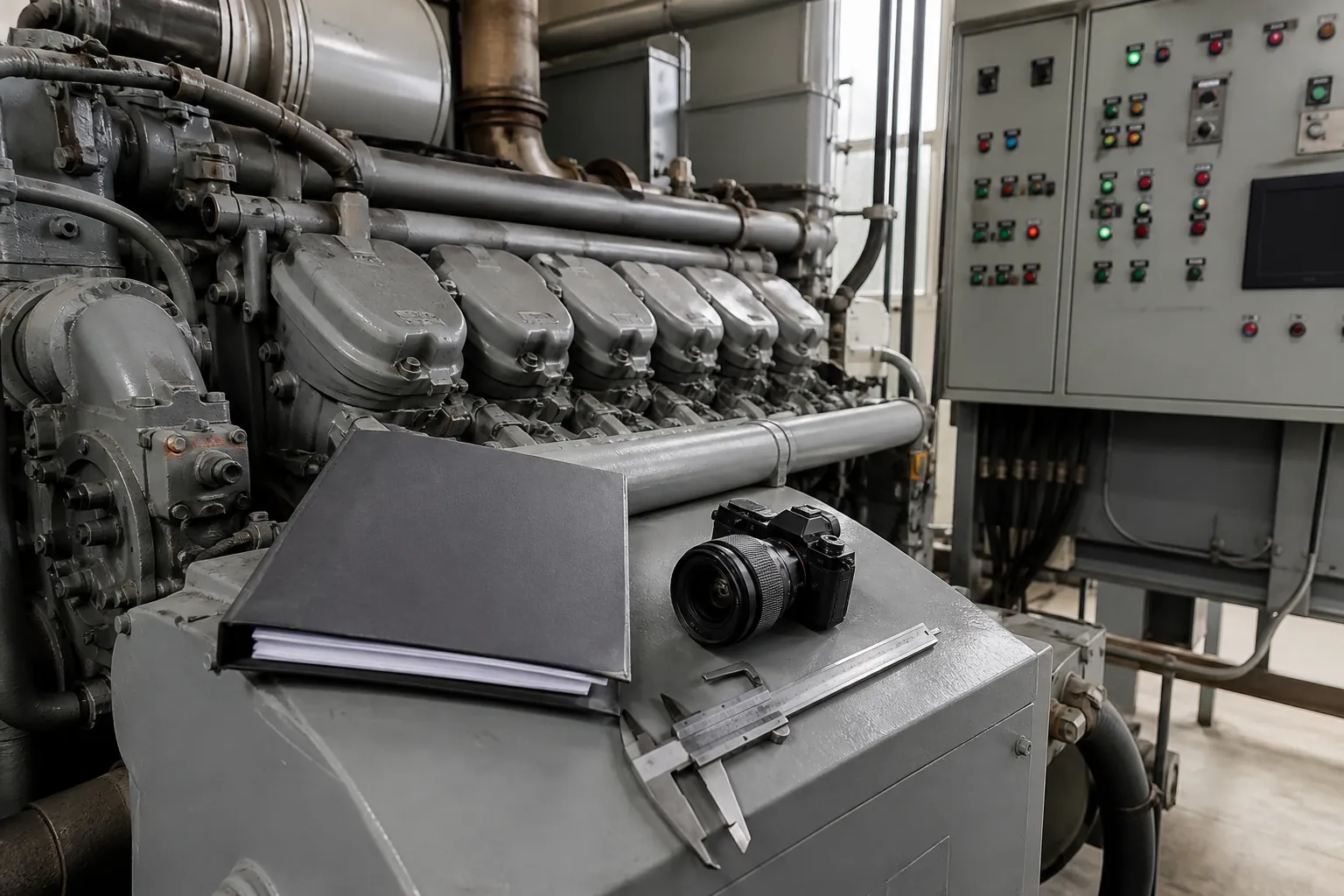 Gas engine in a plant room during inspection